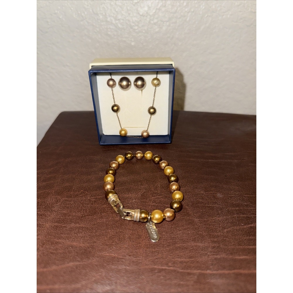 Vintage Kissaka Faux Pearl Gold Tone Bracelet Necklace & Earrings Set